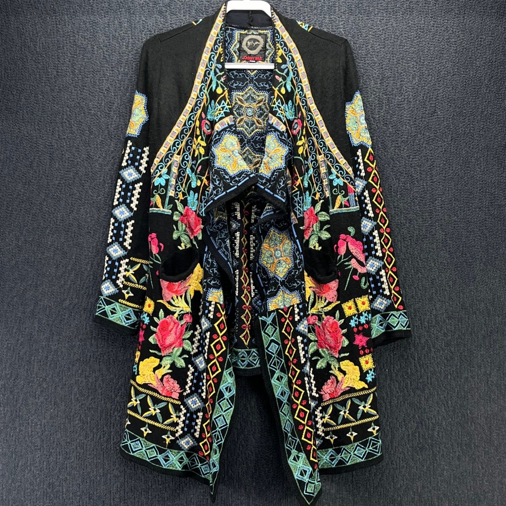 Biya Johnny Was Embroidered Floral Cardigan Sweater Black B54618-6 Womens Medium
